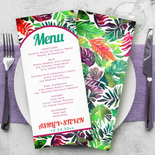 Tropical leaves maximalist wedding menu card (Creator Uploaded)