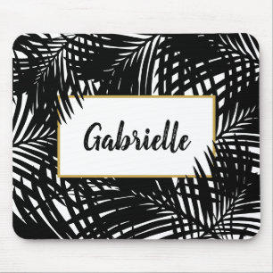 Tropical Leaves Modern Black and White Mouse Mat