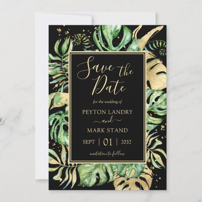 Tropical Leaves Modern Black & Gold Frame Save The Date (Front)