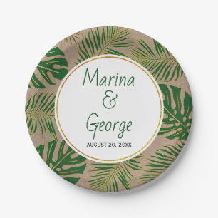 Tropical leaves modern green, gold rustic wedding paper plate