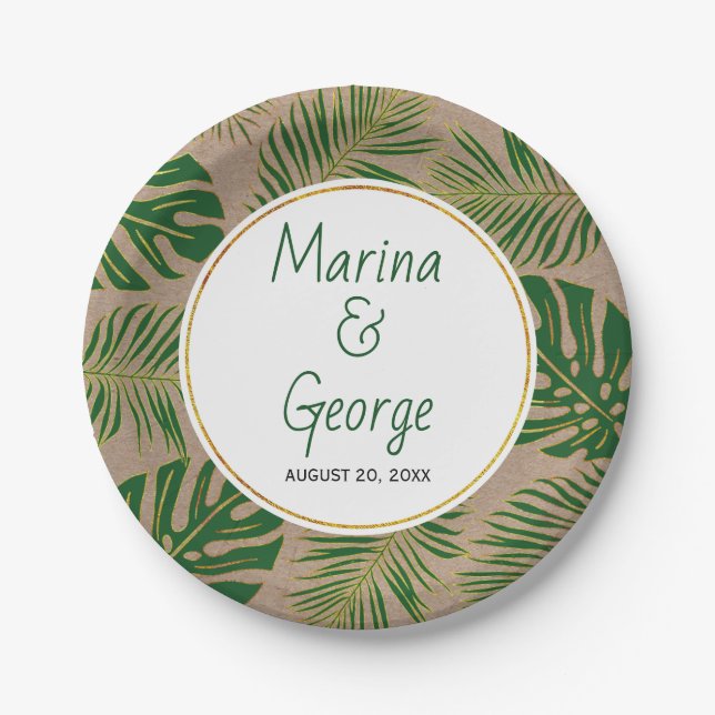 Tropical leaves modern green, gold rustic wedding paper plate (Front)