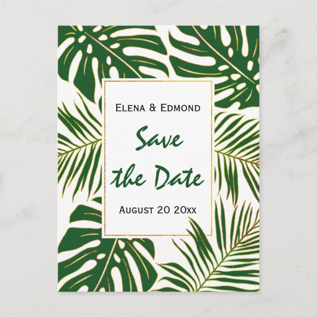 Tropical leaves modern green wedding Save the Date Announcement Postcard (Front)