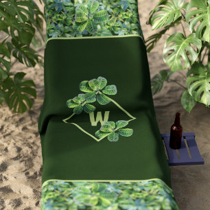Tropical Leaves Modern Monogram Green Beach Towel