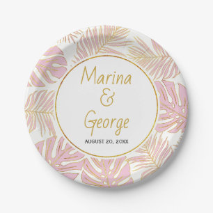 Tropical leaves modern pink, gold wedding paper plate