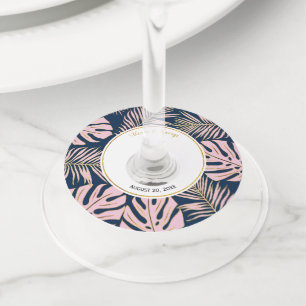 Tropical leaves modern pink, navy blue wedding wine glass tag