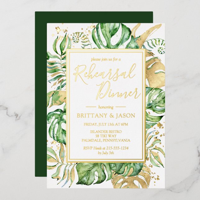Tropical Leaves Modern Rehearsal Dinner Gold (Front/Back)