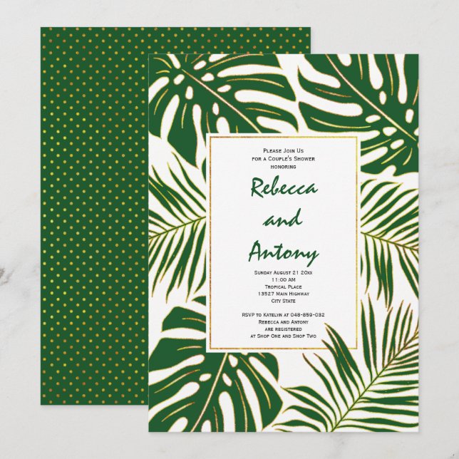 Tropical leaves modern wedding couples shower invitation (Front/Back)