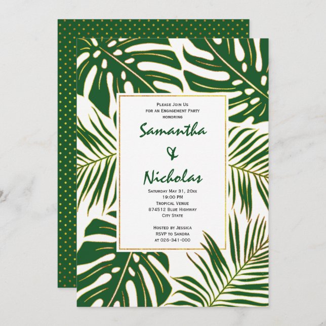 Tropical leaves modern wedding engagement party invitation (Front/Back)
