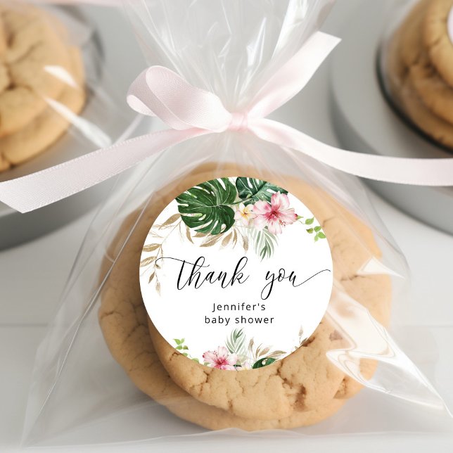 Tropical leaves monstera girl baby shower classic round sticker (Creator Uploaded)