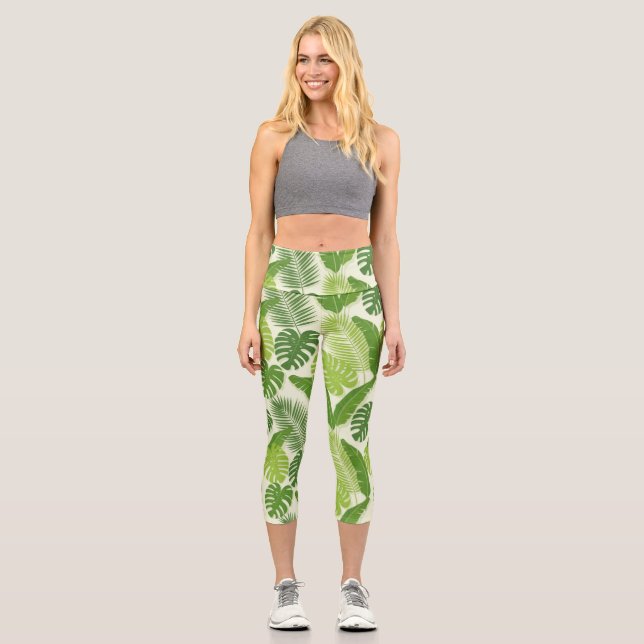 Tropical Leaves & Monstera Seamless Pattern Capri Leggings (Front)
