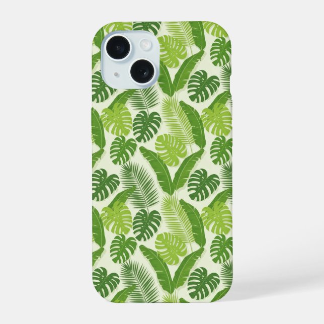 Tropical Leaves & Monstera Seamless Pattern iPhone 15 Case (Back)