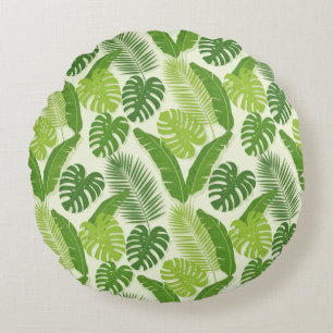 Tropical Leaves & Monstera Seamless Pattern Round Cushion