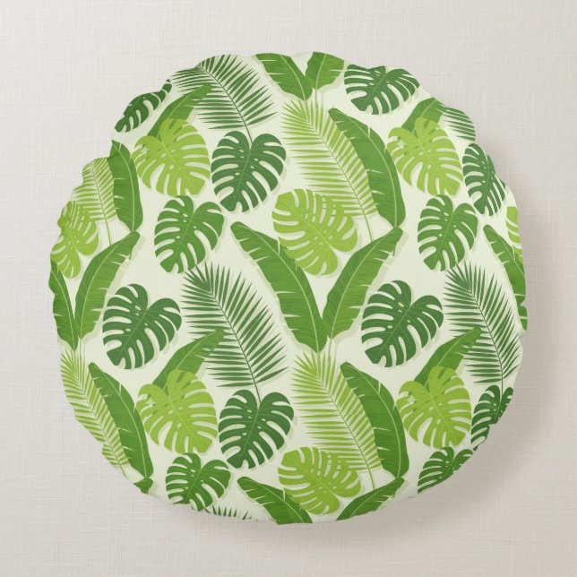 Tropical Leaves & Monstera Seamless Pattern Round Cushion (Front)