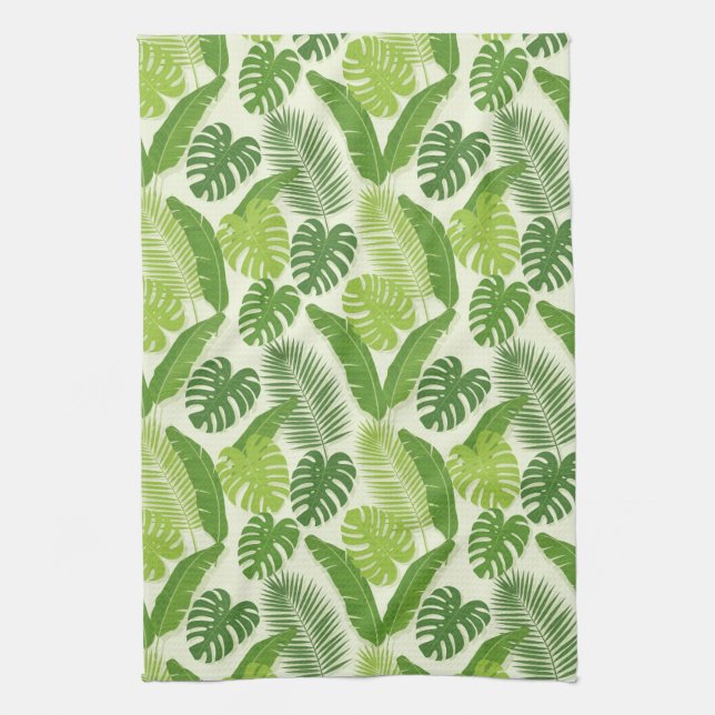 Tropical Leaves & Monstera Seamless Pattern Tea Towel (Vertical)