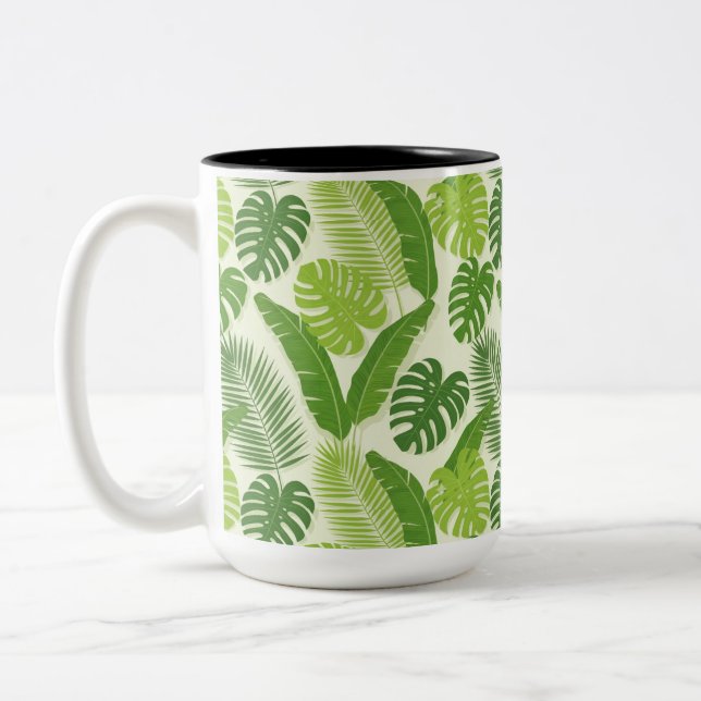 Tropical Leaves & Monstera Seamless Pattern Two-Tone Coffee Mug (Left)