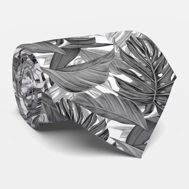 Tropical Leaves Neck Tie - Black White Design (Rolled)