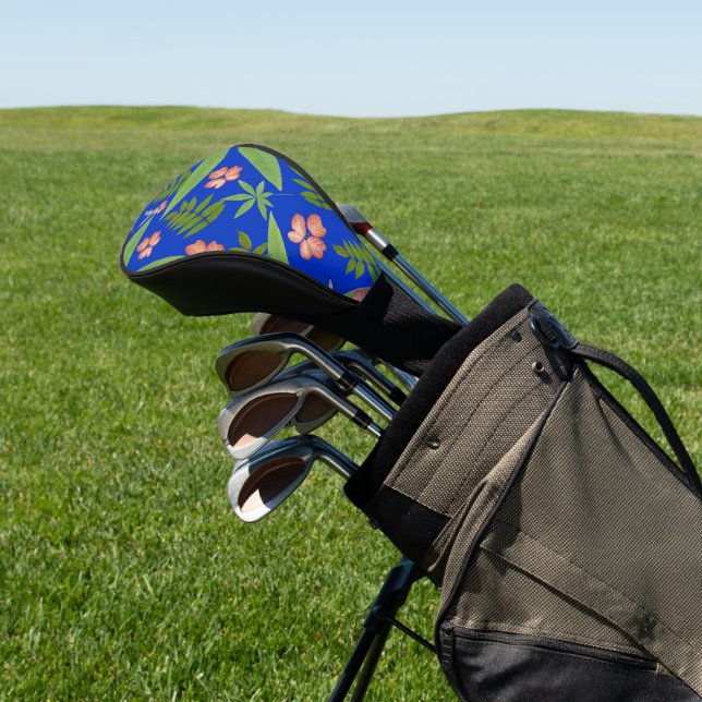 Tropical Leaves on Blue Golf Head Cover (In Situ)