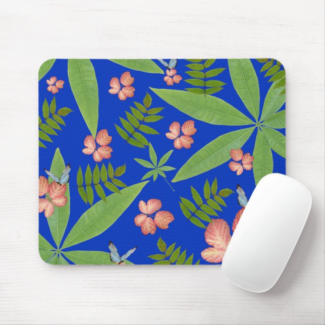 Tropical Leaves on Blue Mouse Mat (With Mouse)