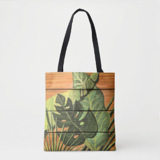 Tropical Leaves on Wood Tote Bag