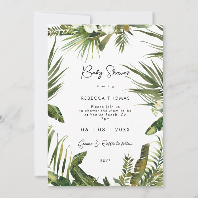 tropical leaves orchid baby shower invitation (Front)