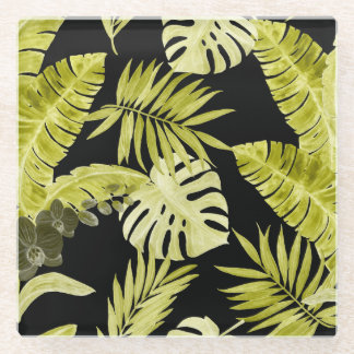Tropical leaves, orchids, watercolor pattern. glass coaster