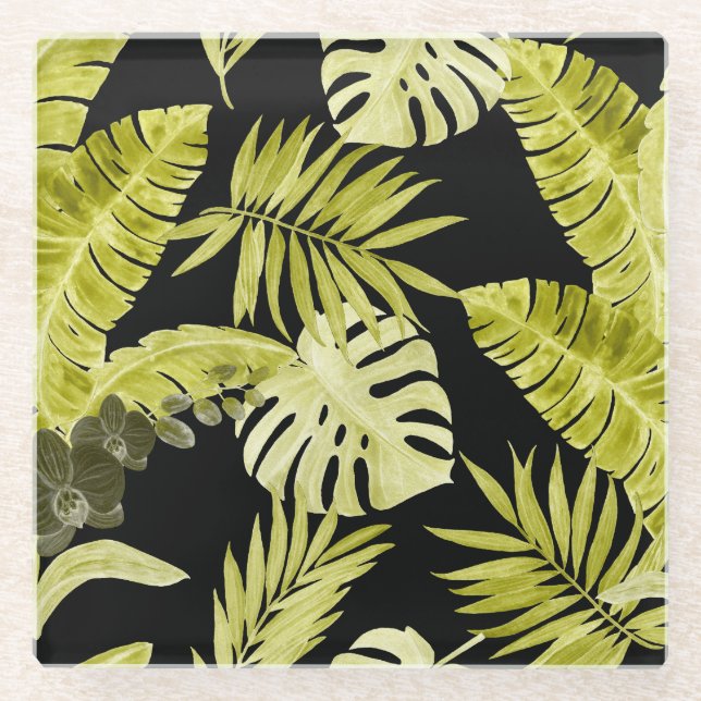 Tropical leaves, orchids, watercolor pattern. glass coaster (Front)