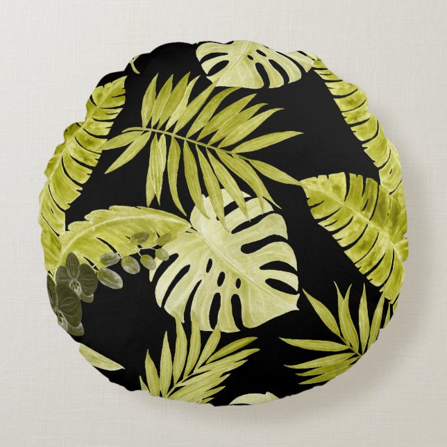 Tropical leaves, orchids, watercolor pattern. round cushion (Front)