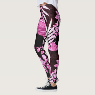 Tropical Leaves Palm Fronds Pink Burgundy White Leggings