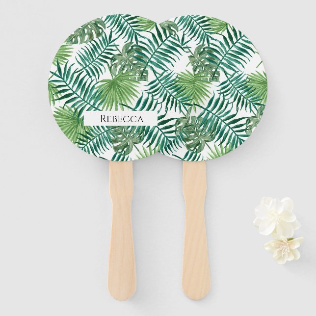 Tropical Leaves Palm Greenery Summer Hand Fan (Front and Back)