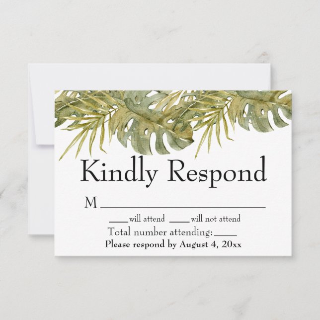 Tropical Leaves Palm Wedding RSVP Card (Front)