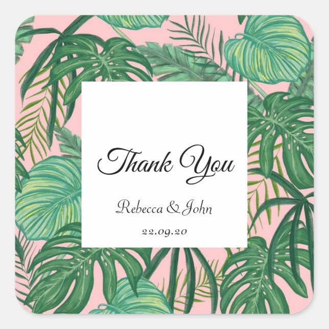 Tropical Leaves Palm Wedding Thank You Sticker (Front)