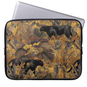 Tropical leaves, panther and orchid. Seamless vint Laptop Sleeve