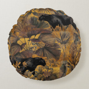 Tropical leaves, panther and orchid. Seamless vint Round Cushion