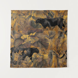 Tropical leaves, panther and orchid. Seamless vint Tapestry