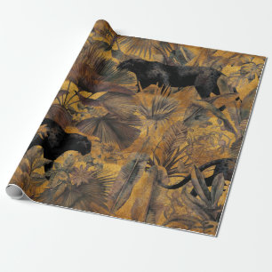 Tropical leaves, panther and orchid. Seamless vint Wrapping Paper