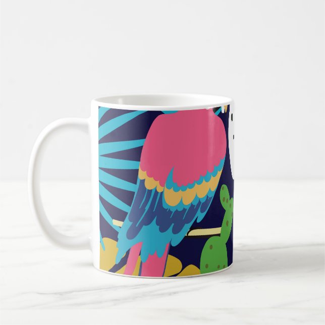 Tropical leaves, parrots: summer background. coffee mug (Left)