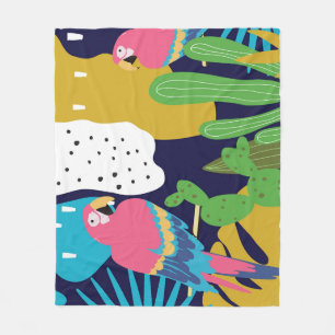 Tropical leaves, parrots: summer background. fleece blanket