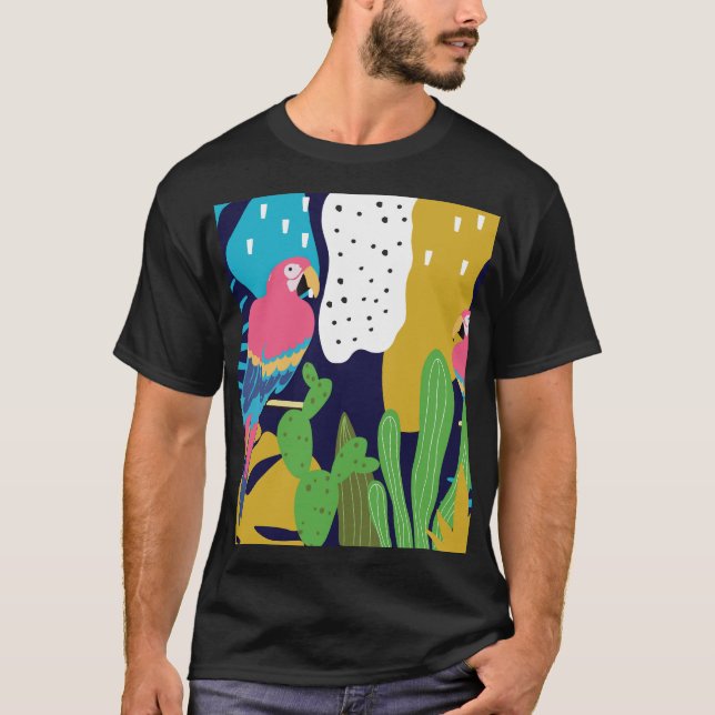 Tropical leaves, parrots: summer background. T-Shirt (Front)