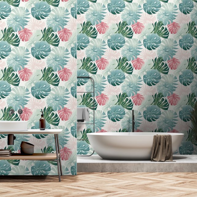 Tropical Leaves Pastel Turquoise Pink Green Wallpaper (Bathroom)