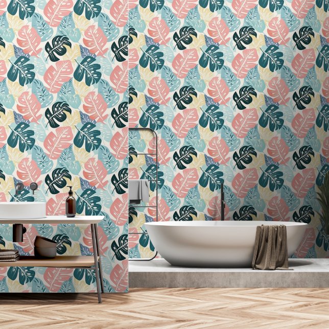Tropical Leaves Pastel Turquoise Pink Yellow Wallpaper (Bathroom)