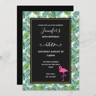 Tropical Leaves Pattern and Pink Flamingo Birthday Invitation