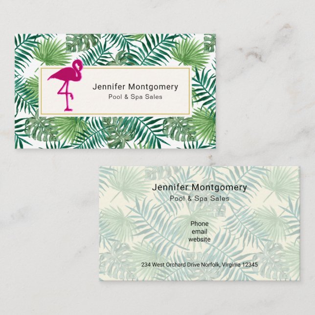 Tropical Leaves Pattern and Pink Flamingo Business Card (Front/Back)