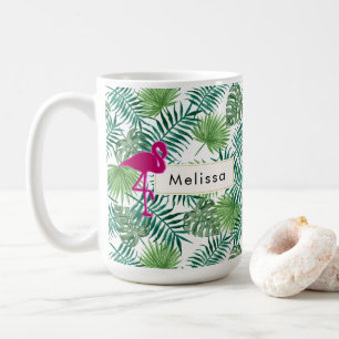Tropical Leaves Pattern and Pink Flamingo Custom Coffee Mug