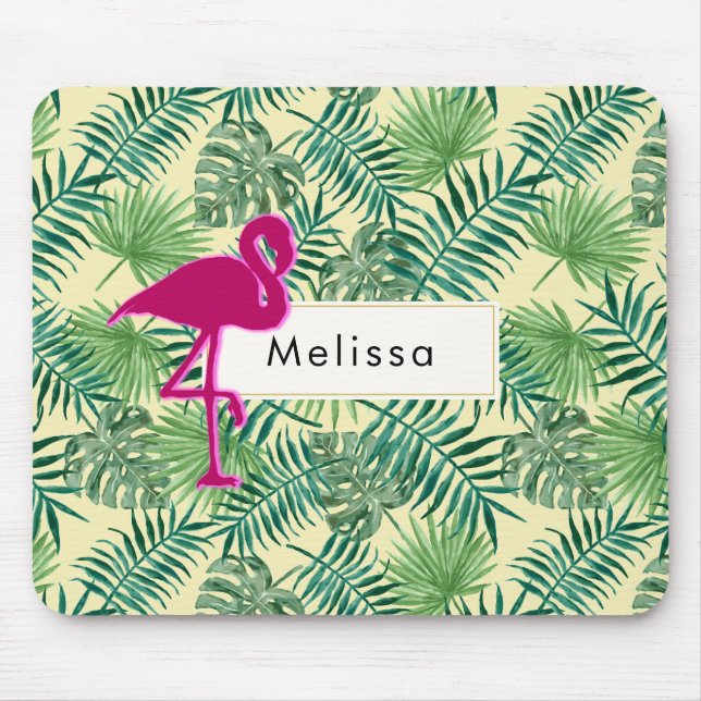 Tropical Leaves Pattern and Pink Flamingo Custom Mouse Mat (Front)