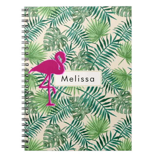 Tropical Leaves Pattern and Pink Flamingo Custom Notebook (Front)
