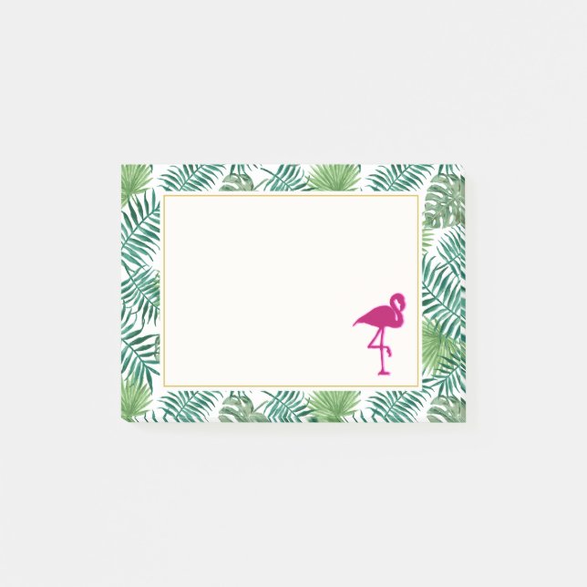 Tropical Leaves Pattern and Pink Flamingo Post-it Notes (Front)