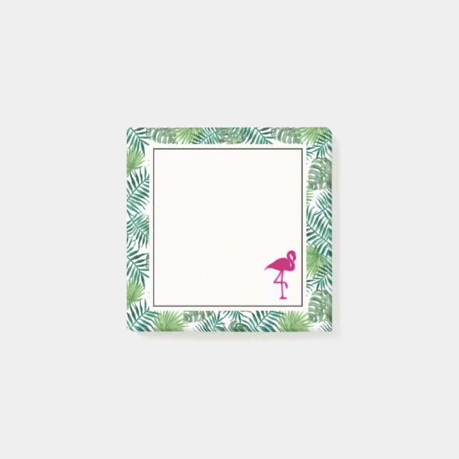 Tropical Leaves Pattern and Pink Flamingo Post-it Notes (Front)