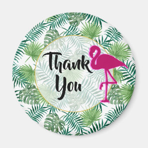 Tropical Leaves Pattern and Pink Flamingo Thanks Magnet