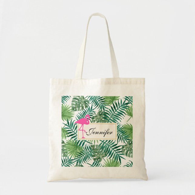 Tropical Leaves Pattern and Pink Flamingo Tote Bag (Front)