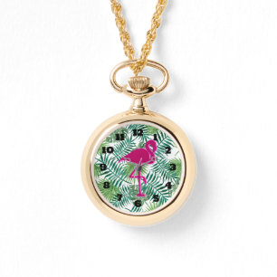 Tropical Leaves Pattern and Pink Flamingo Watch